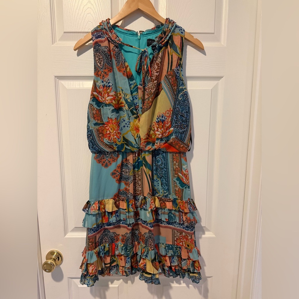 Colorful Sleeveless Boho Dress with Ruffled Skirt and Elastic Waist Size 8